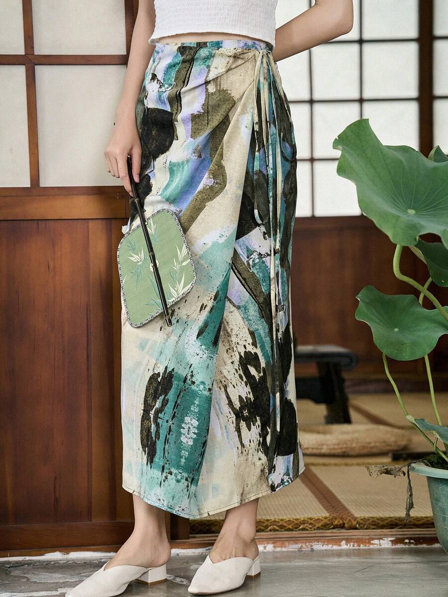 DAZY 圖形印花打結側邊裙 - 杏色 - 查看 1