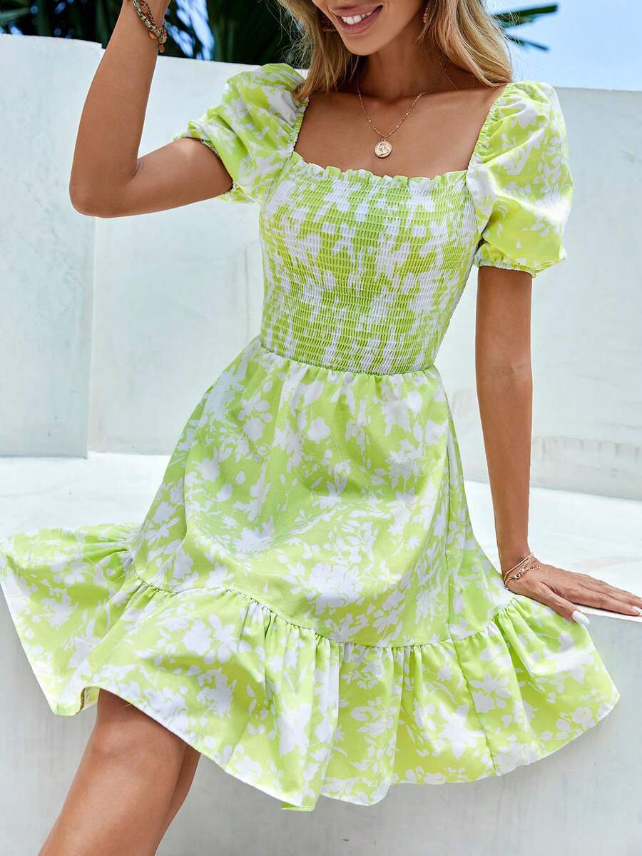 EURMUSE Floral Print Square Neck Ruffle Hem Dress - Lime Green - View 1