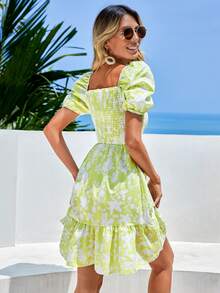 EURMUSE Floral Print Square Neck Ruffle Hem Dress - Lime Green - View 2