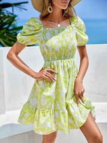 EURMUSE Floral Print Square Neck Ruffle Hem Dress - Lime Green - View 3