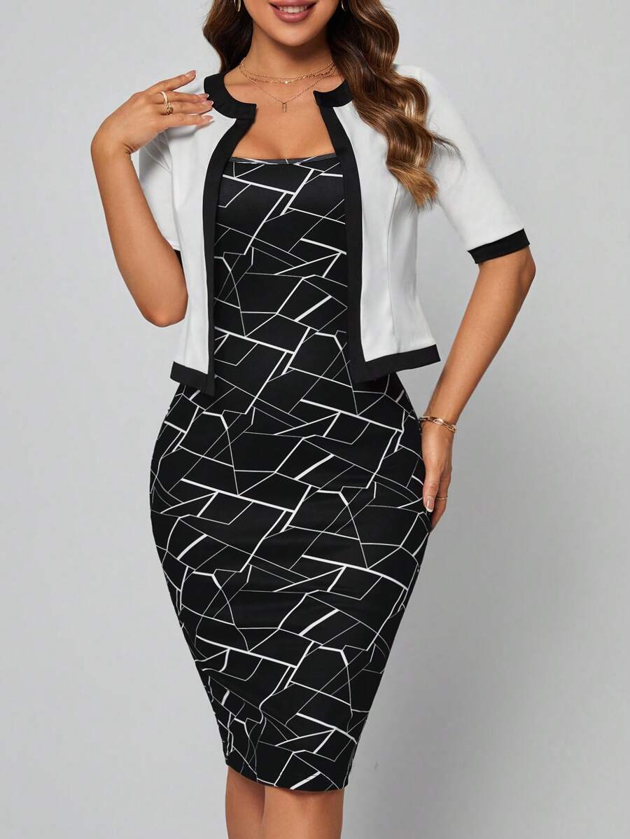 SHEIN Clasi Geo Print Cami Dress & Contrast Binding Open Front Jacket - Black and White - View 1