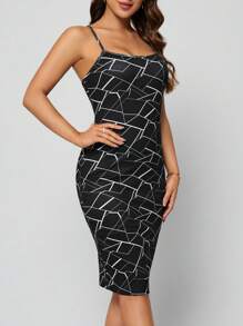 SHEIN Clasi Geo Print Cami Dress & Contrast Binding Open Front Jacket - Black and White - View 4