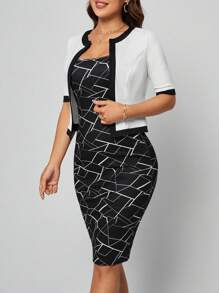 SHEIN Clasi Geo Print Cami Dress & Contrast Binding Open Front Jacket - Black and White - View 6