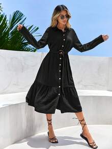 EURMUSE Button Front Ruffle Hem Belted Shirt Dress - Black - View 2