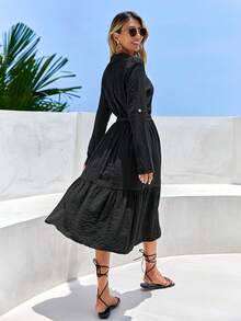 EURMUSE Button Front Ruffle Hem Belted Shirt Dress - Black - View 3