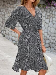 EURMUSE Vestido floral bajo con fruncido - Negro - Ver 1