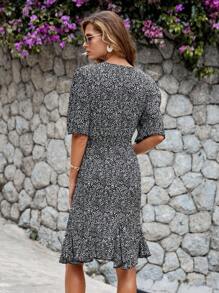 EURMUSE Vestido floral bajo con fruncido - Negro - Ver 2