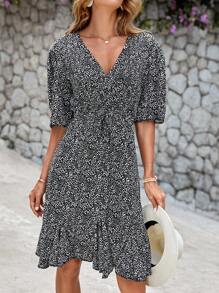 EURMUSE Vestido floral bajo con fruncido - Negro - Ver 3