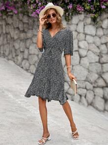 EURMUSE Vestido floral bajo con fruncido - Negro - Ver 4