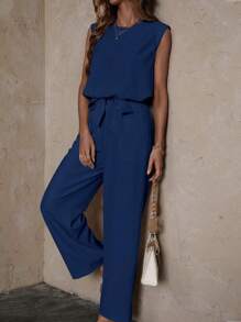SHEIN LUNE Solid Sleeveless Blouse & Belted Wide Leg Trousers - Navy Blue - View 6