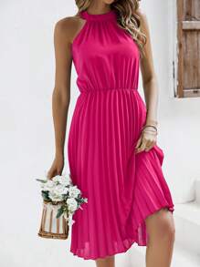 SHEIN Frenchy 素色百褶掛脖洋裝 - 玫紅色 - 查看 5