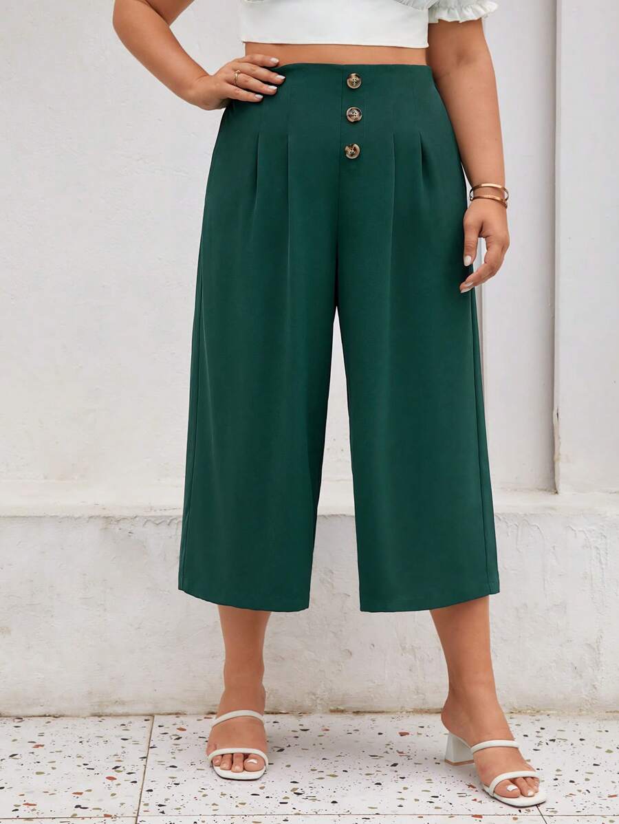 SHEIN Frenchy Plus Button Front Wide Leg Trousers - Dark Green - View 1