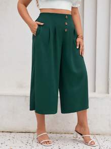 SHEIN Frenchy Plus Button Front Wide Leg Trousers - Dark Green - View 3