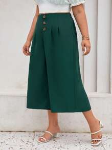 SHEIN Frenchy Plus Button Front Wide Leg Trousers - Dark Green - View 4