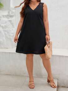 SHEIN Frenchy Plus Guipure Lace Panel Tank Dress - Black - View 5