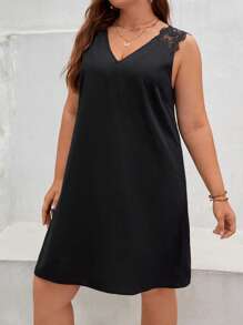 SHEIN Frenchy Plus Guipure Lace Panel Tank Dress - Black - View 6