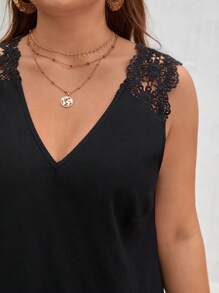 SHEIN Frenchy Plus Guipure Lace Panel Tank Dress - Black - View 7