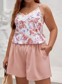 SHEIN Frenchy Plus Floral Print Embroidery Mesh Cami Top & Shorts - Multicolor - View 5
