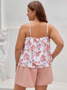 SHEIN Frenchy Plus Floral Print Embroidery Mesh Cami Top & Shorts - Multicolor - View 2