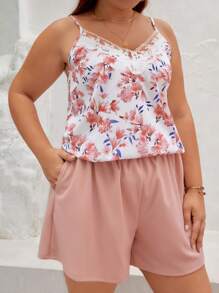 SHEIN Frenchy Plus Floral Print Embroidery Mesh Cami Top & Shorts - Multicolor - View 4