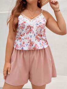 SHEIN Frenchy Plus Floral Print Embroidery Mesh Cami Top & Shorts - Multicolor - View 1