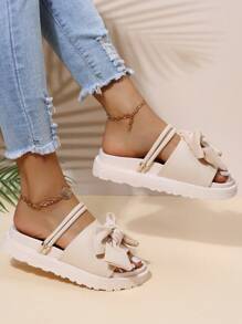 女士蝴蝶結和水鑽裝飾多用途穿戴坡跟優雅戶外滌綸坡跟涼鞋 - 米色 - 查看 5