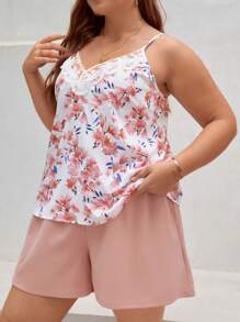 SHEIN Frenchy Plus Floral Print Embroidery Mesh Cami Top & Shorts - Multicolor - View 6