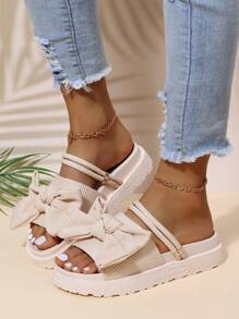 女士蝴蝶結和水鑽裝飾多用途穿戴坡跟優雅戶外滌綸坡跟涼鞋 - 米色 - 查看 6