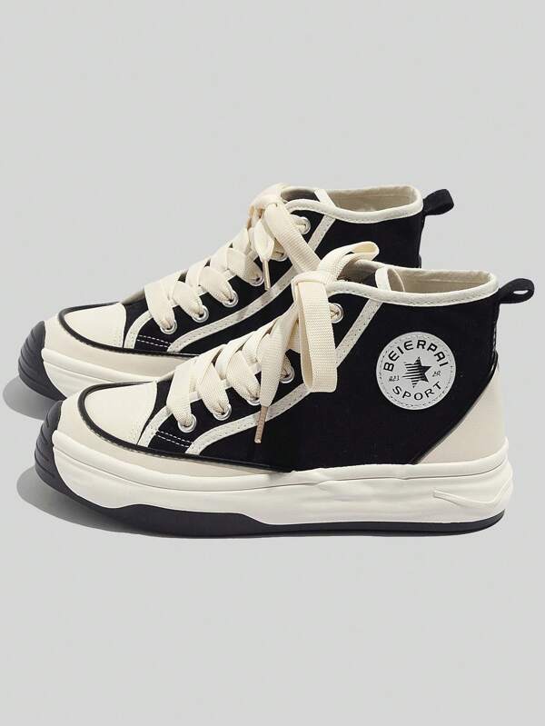 Women's Sporty Casual High-Top Sneakers, Faux Leather Patchwork, Black, Fashion Versatile