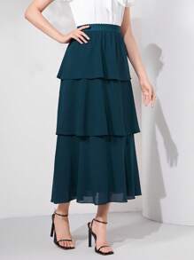 Modelyn Layered Hem Solid Skirt - Teal Blue - View 4