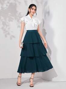 Modelyn Layered Hem Solid Skirt - Teal Blue - View 5