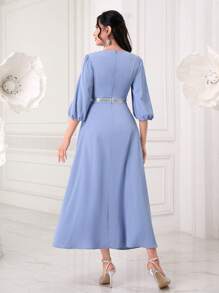 Modelyn Floral Embroidery Lantern Sleeve A-line Dress - Blue - View 2