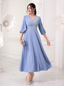 Modelyn Floral Embroidery Lantern Sleeve A-line Dress - Blue - View 3