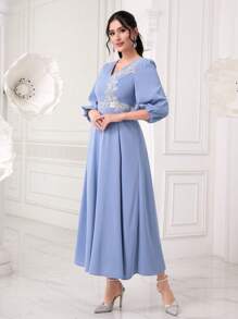Modelyn Floral Embroidery Lantern Sleeve A-line Dress - Blue - View 4