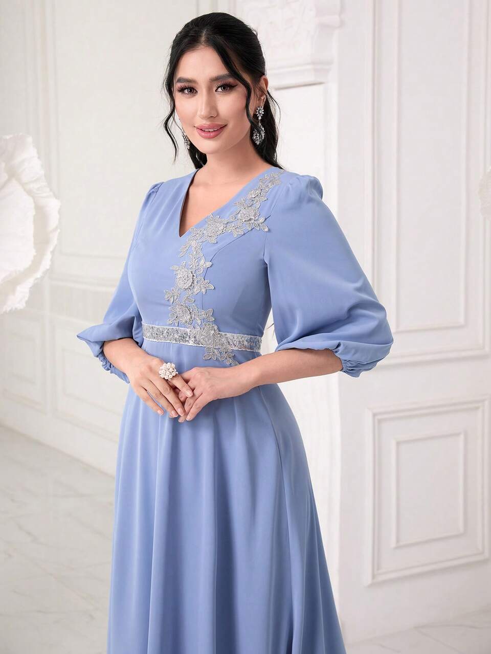 Floral Embroidery Lantern Sleeve A-line Dress