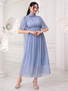 Modelyn 小高領荷葉袖胸部褶皺網紗覆蓋連衣裙 - 淺藍色 - 查看 3