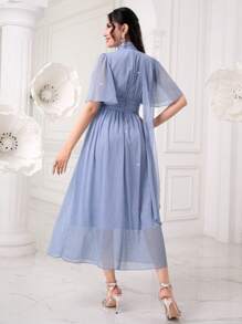 Modelyn 小高領荷葉袖胸部褶皺網紗覆蓋連衣裙 - 淺藍色 - 查看 1