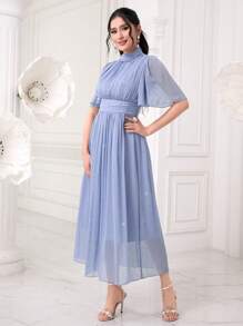 Modelyn 小高領荷葉袖胸部褶皺網紗覆蓋連衣裙 - 淺藍色 - 查看 2