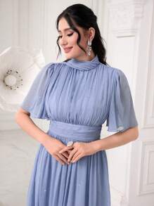 Modelyn 小高領荷葉袖胸部褶皺網紗覆蓋連衣裙 - 淺藍色 - 查看 4