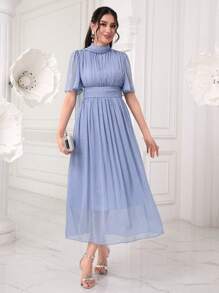 Modelyn 小高領荷葉袖胸部褶皺網紗覆蓋連衣裙 - 淺藍色 - 查看 5