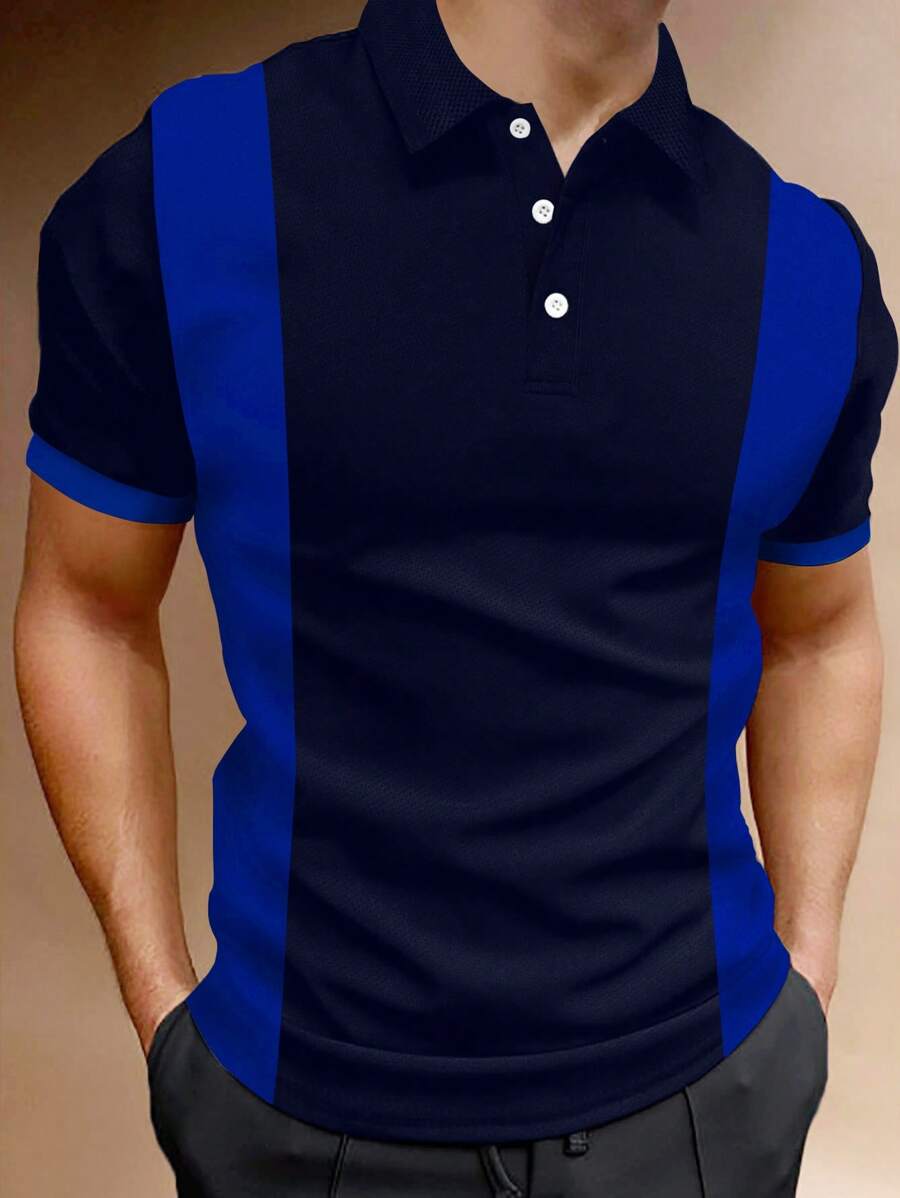 Manfinity Homme Áo thun có cổ Nam Nút phía trước Khối Màu Giải trí - Xanh đậm - Xem 1