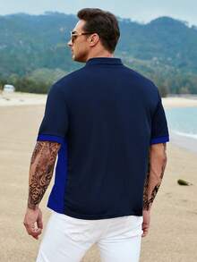 Manfinity Homme Áo thun có cổ Nam Nút phía trước Khối Màu Giải trí - Xanh đậm - Xem 2