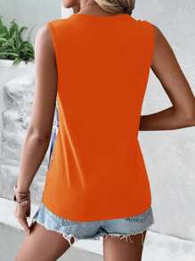 SHEIN LUNE Brush Print Button Detail Tank Top - Orange - View 2