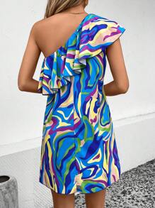 SHEIN VCAY 滿版印花單肩荷葉邊洋裝 - 藍色 - 查看 2