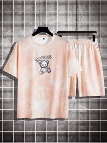 Manfinity EMRG Men Plus Tie Dye Bear & Letter Graphic Tee & Shorts - Orange - View 3