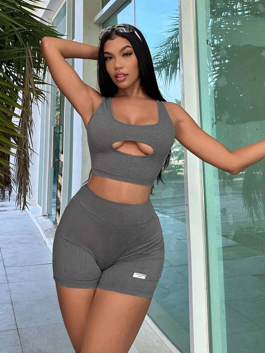 SHEIN SXY Cut Out Front Crop Tank Top & Letter Patched Biker Shorts - Grey - View 1