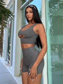 SHEIN SXY Cut Out Front Crop Tank Top & Letter Patched Biker Shorts - Grey - View 3