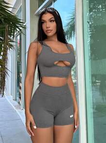 SHEIN SXY Cut Out Front Crop Tank Top & Letter Patched Biker Shorts - Grey - View 4
