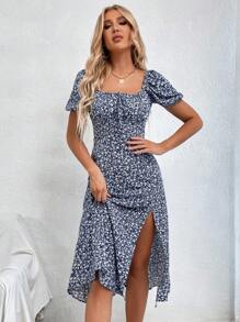 Chiquease Đầm Maxi hở đùi thắt nút họa tiết hoa nhỏ xinh dành cho nữ - Màu xanh hải quân - Xem 3