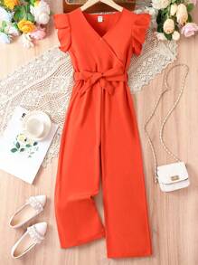 SHEIN Girls Ruffle Trim Belted Wide Leg Jumpsuit - Orange - View 1
